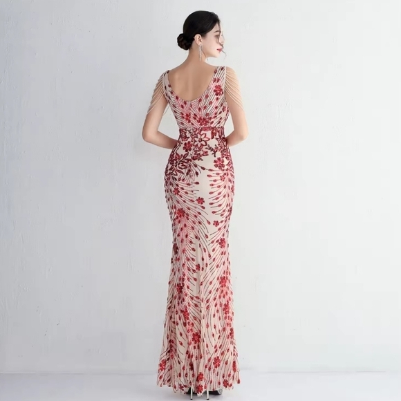 Red, Floral Print,  V Neck, Beaded Draped Sleeves,  Sequined Mermaid Gown - Picture 7 of 16